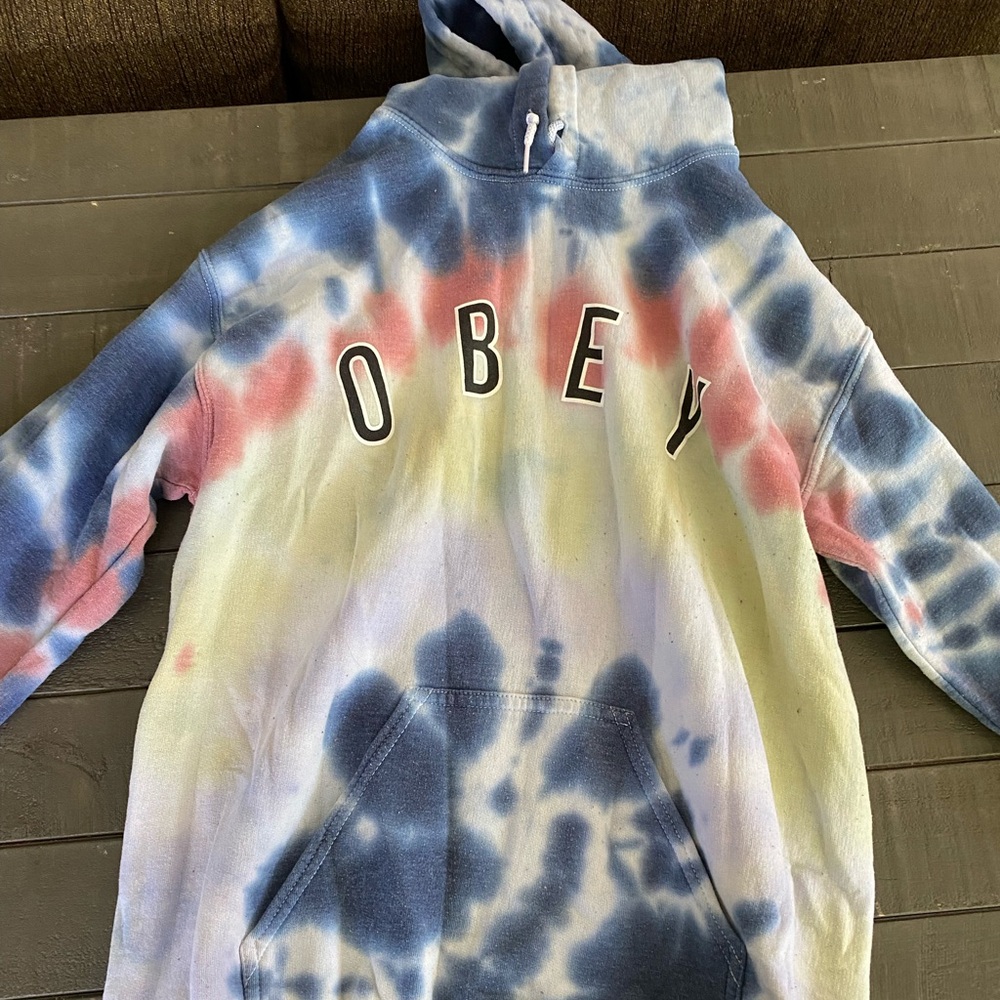 Obey hoodie size S, worn but still good condition.  Bought tiedyed.
